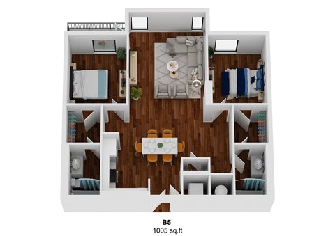 Floor plan for 2 beds, 2 baths, 1007 sqft